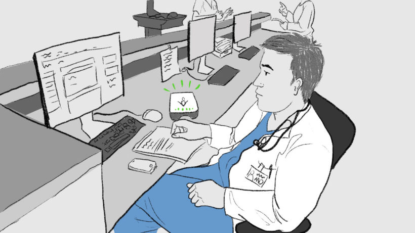 Drawing of physician in a nurse's station