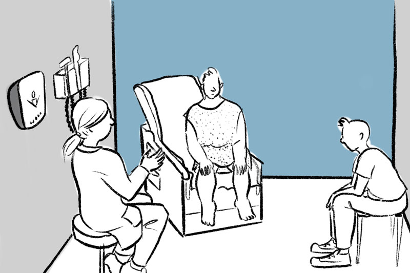 drawing of a doctor speaking to a patient and a family member in an ambulatory setting