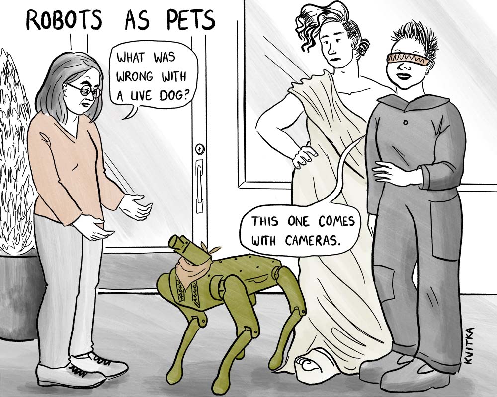 Cartoon of Theora and futuristic couple with a robot dog.