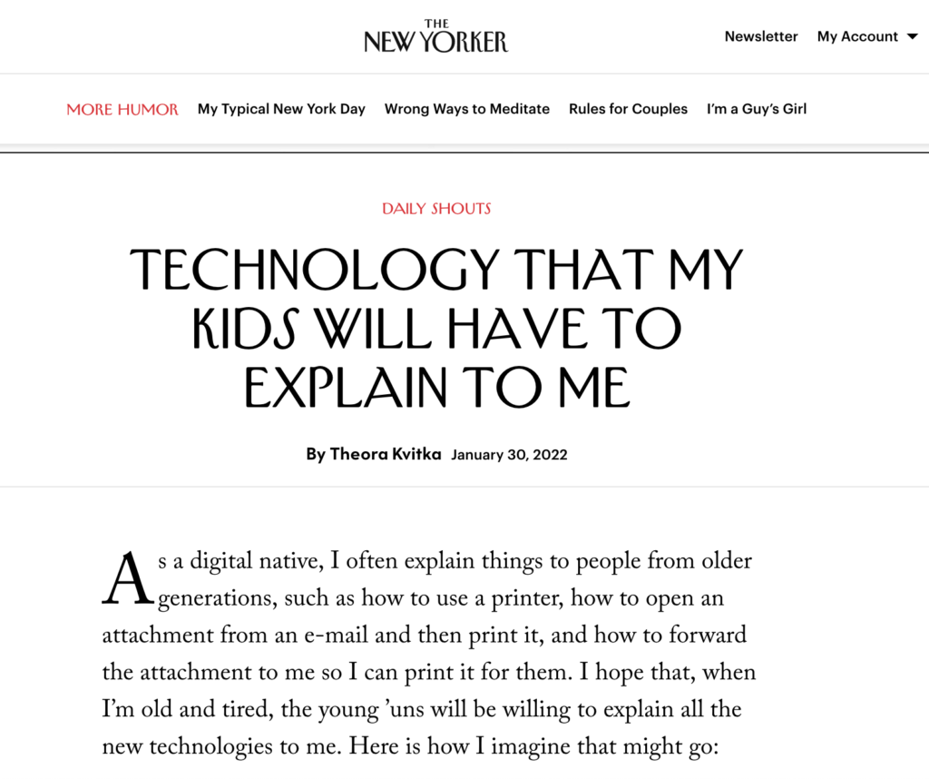 A screenshot of Theora's piece on The New Yorker's website.