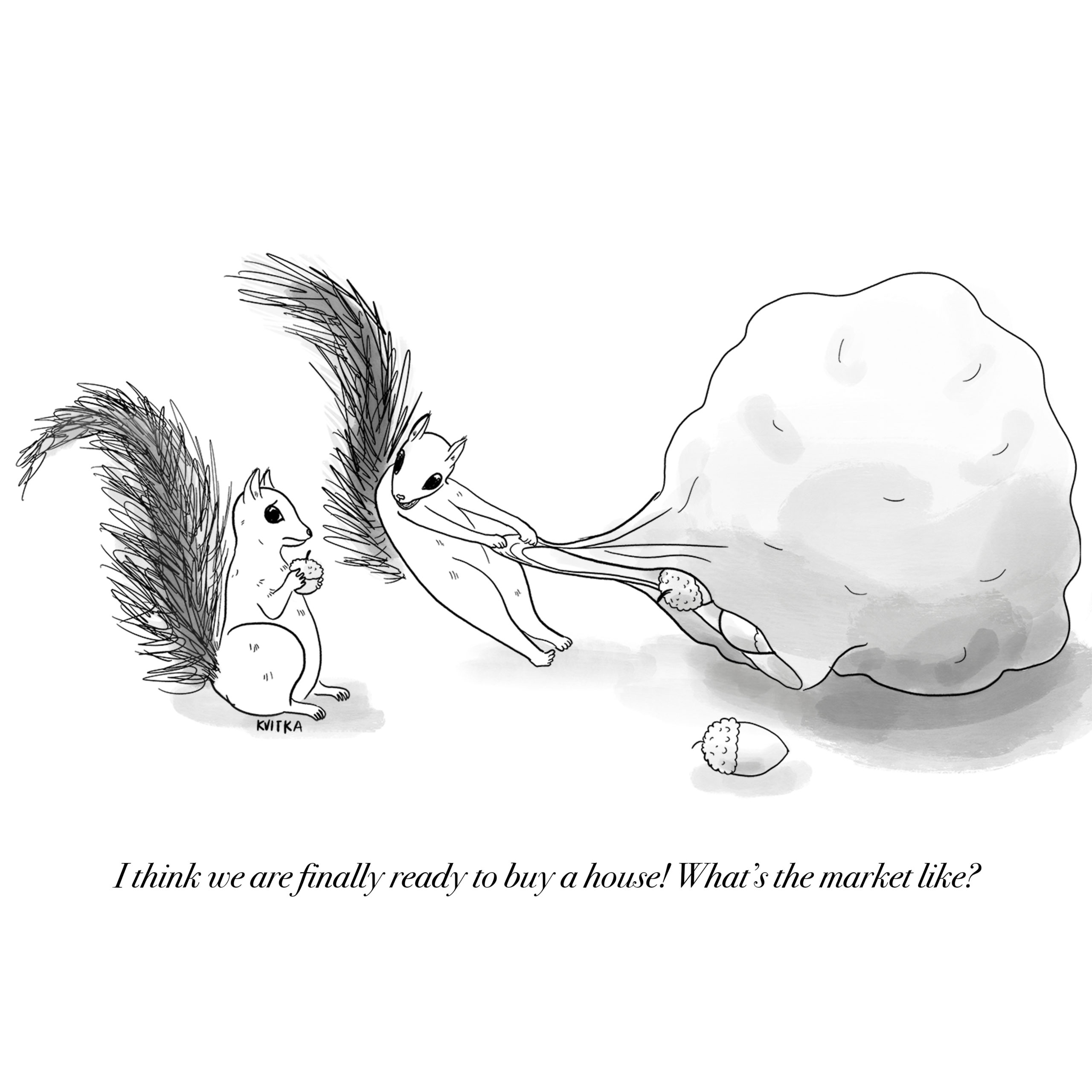 Cartoon of two squirrels on a white background. One is dragging a giant sack of acorns and says to the other, "I think we are finally ready to buy a house, what's the market like?"