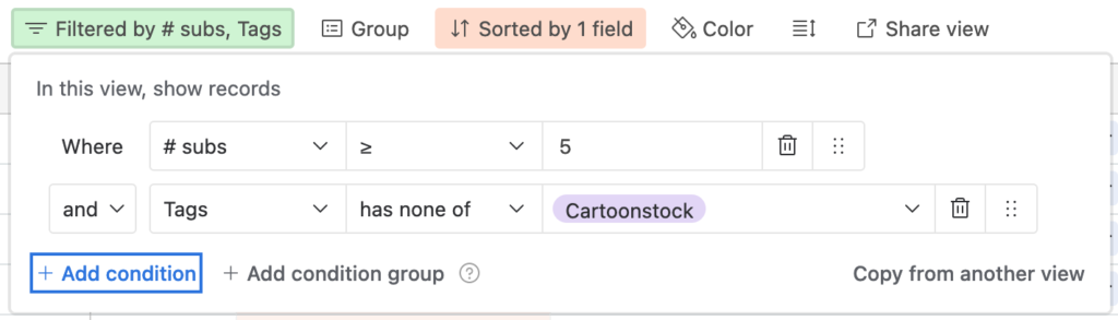 Screenshot of the filtering menu within Airtable showing sample rules.