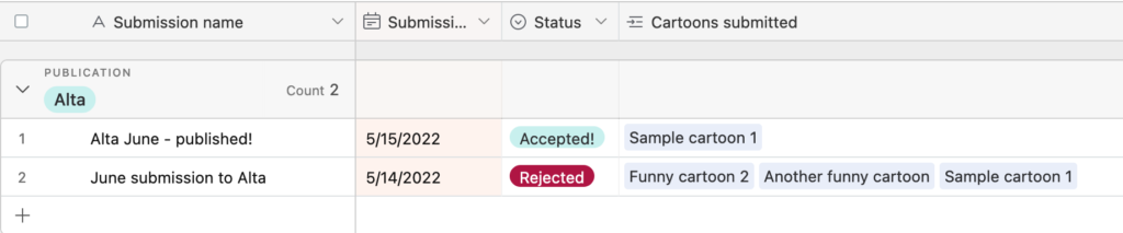 Screenshot of two submissions for Alta magazine, one with one linked cartoon, with status "Accepted!" and one submission with multiple cartoons with status "rejected"