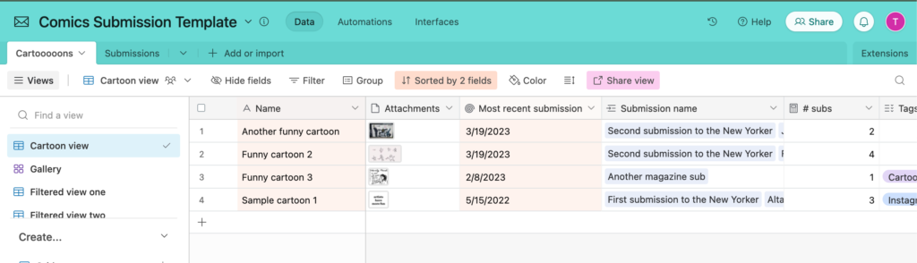 A screenshot of the Airtable Comics Submission template