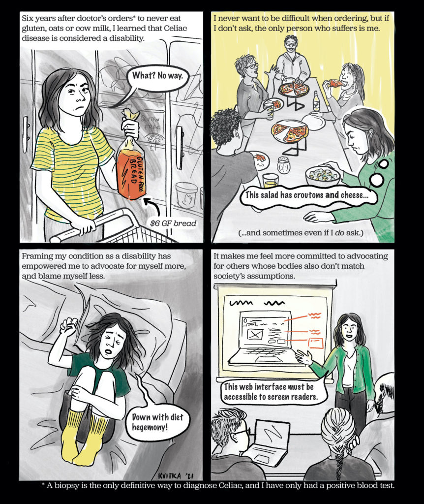 Four panel cartoon. Panel 1: Theora in grocery store aisle with caption "Six years after doctors' orders to never eat gluten, oats or cow milk, I learned that Celiac disease is considered a disability.
Panel 2: Theora in foreground with a table full of friends eating pizza and beer. Caption: "I never want to be difficult when ordering, but if I don't ask, the only person who suffers is me...(and sometimes even if I do ask). Theora looks down at a salad, thinking "This salad has croutons and cheese."
Panel 3: Theora curled in fetal position in bed. Caption: "Framing my condition as a disability has empowered me to advocate for myself more and blame myself less." Theora speech bubble "Down with diet hegemony!".
Panel 4: Theora giving presentation at work, pointing to a web layout and saying "This web interface must be accessible to screen readers.". Caption: "It makes me feel more committed to advocating for others whose bodies also don't match society's assumptions."